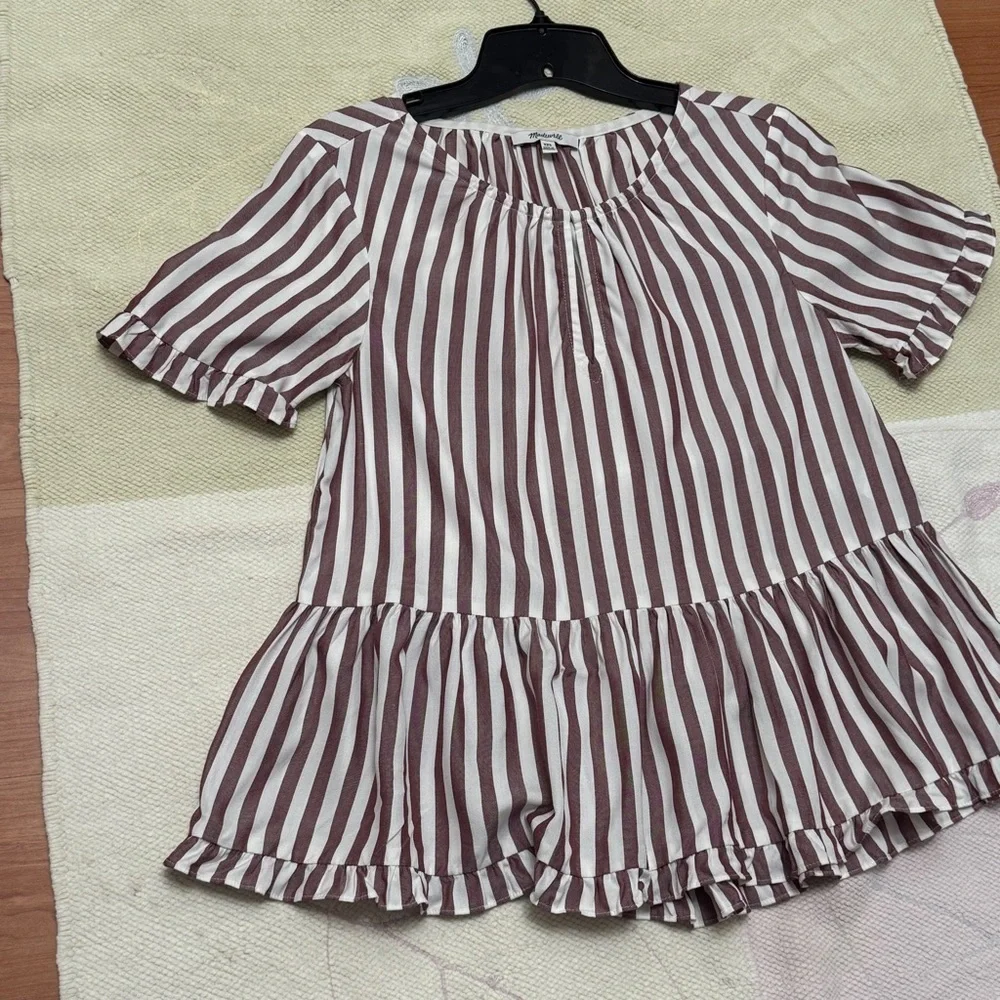Madewell Women’s XXS White/Plum Striped Short Sleeve Peplum Blouse
